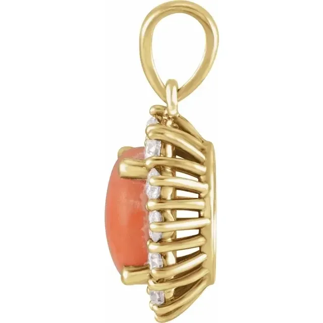 14K Yellow Natural Pink Coral &amp; 1/5 CTW Natural Diamond Halo-Style Pendant