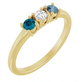 14K Yellow 3-stone Family Ring London blue Topaz, Diamond and Grey Spinel
