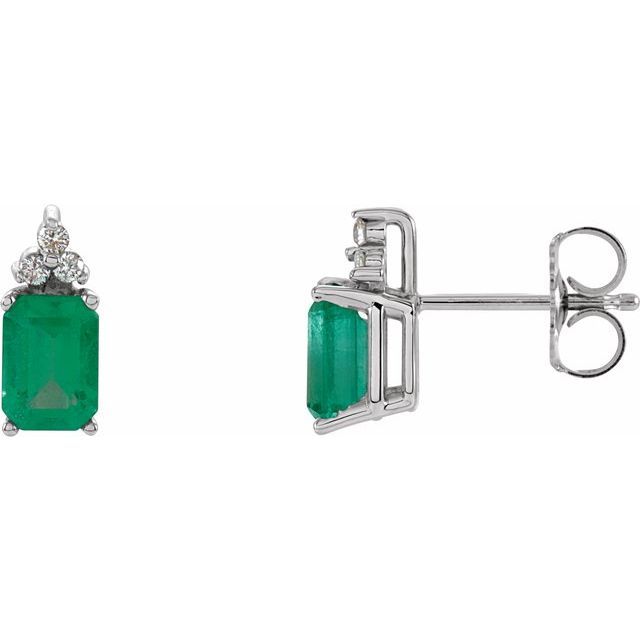 14K White Natural Emerald &amp; 1/8 CTW Natural Diamond Earrings
