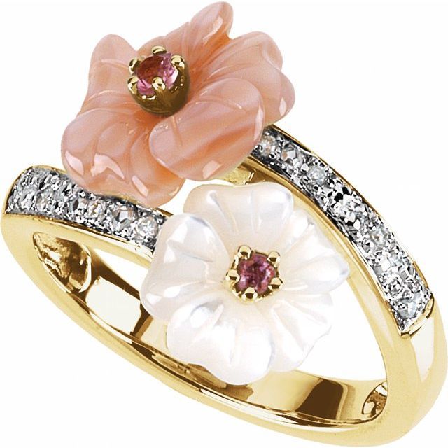 14K Yellow Natural Pink Tourmaline, Natural Mother of Pearl &amp; .04 CTW Natural Diamond Ring