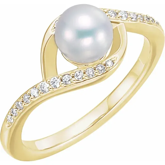 14K Yellow Gold Cultured White Freshwater Pearl &amp; 1/8 CTW Natural Diamond Ring