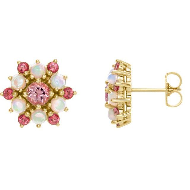 14K Yellow Natural Pink Tourmaline &amp; Natural Ethiopian Opal Cabochon Earrings
