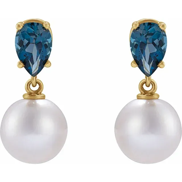 14K yellow gold Cultured White Akoya Pearl &amp; Natural London Blue Topaz Earrings