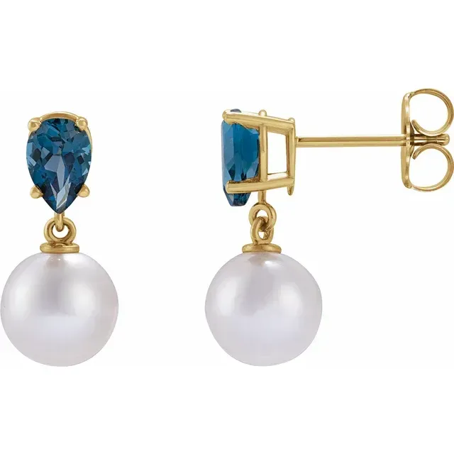 14K yellow gold Cultured White Akoya Pearl &amp; Natural London Blue Topaz Earrings