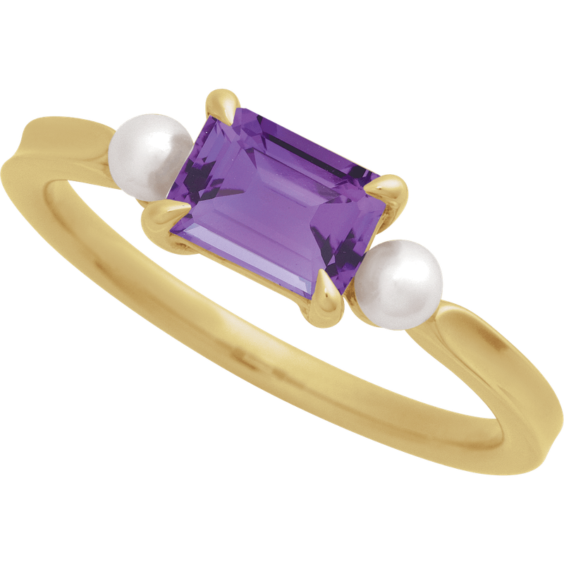 14K Yellow Natural Amethyst &amp; Cultured White Akoya Pearl Ring
