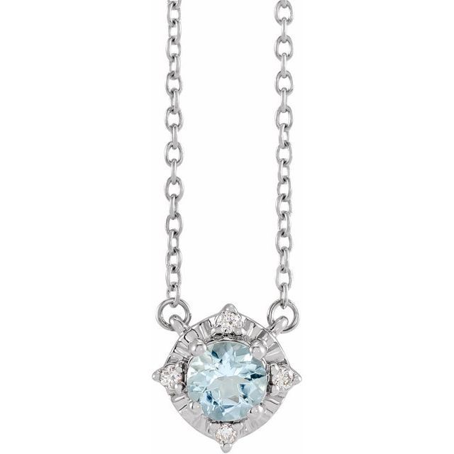 14K White Natural Aquamarine &amp; .04 CTW Natural Diamond Halo-Style 18" Necklace