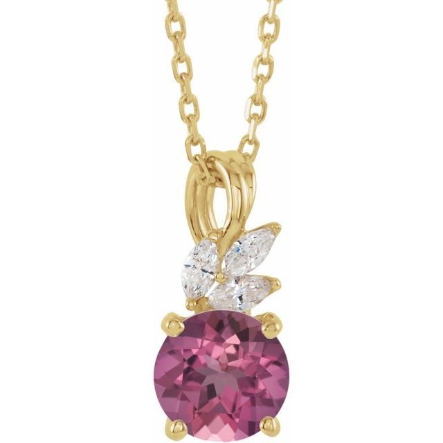 14K Yellow Natural Pink Tourmaline &amp; 1/10 CTW Natural Diamond 16-18" Necklace