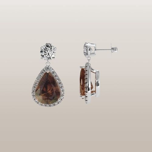 Brown Sapphire Earrings - Pear 5.04 Ct. - 14K White Gold