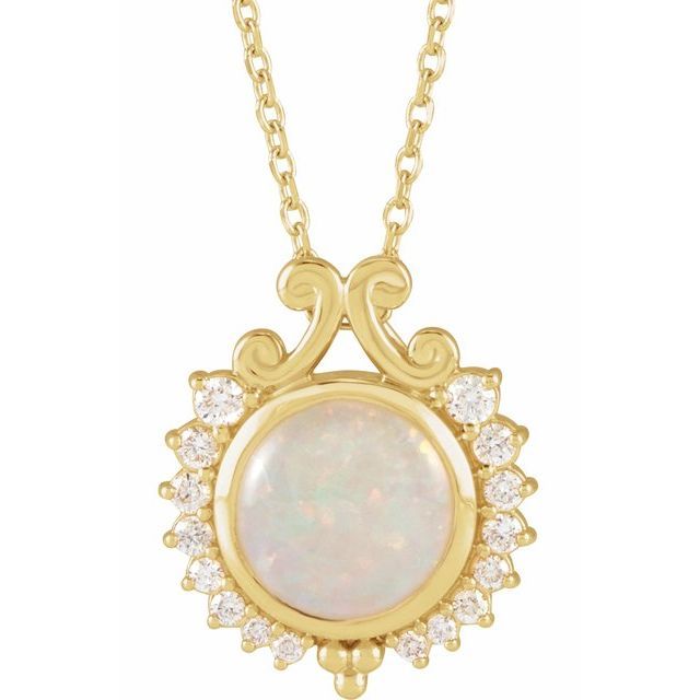 14K Yellow Natural White Opal &amp; 1/6 CTW Natural Diamond 16-18" Necklace