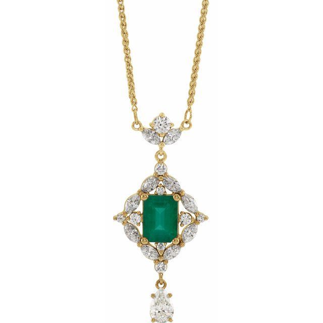 14K Yellow Natural Emerald &amp; 1 1/4 CTW Natural Diamond 18" Necklace