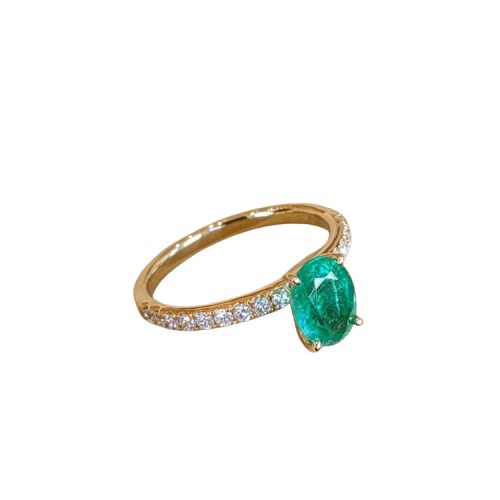 1.13 Ct. 14K Yellow Gold  Emerald and Natural Diamond Pave  Engagement Ring