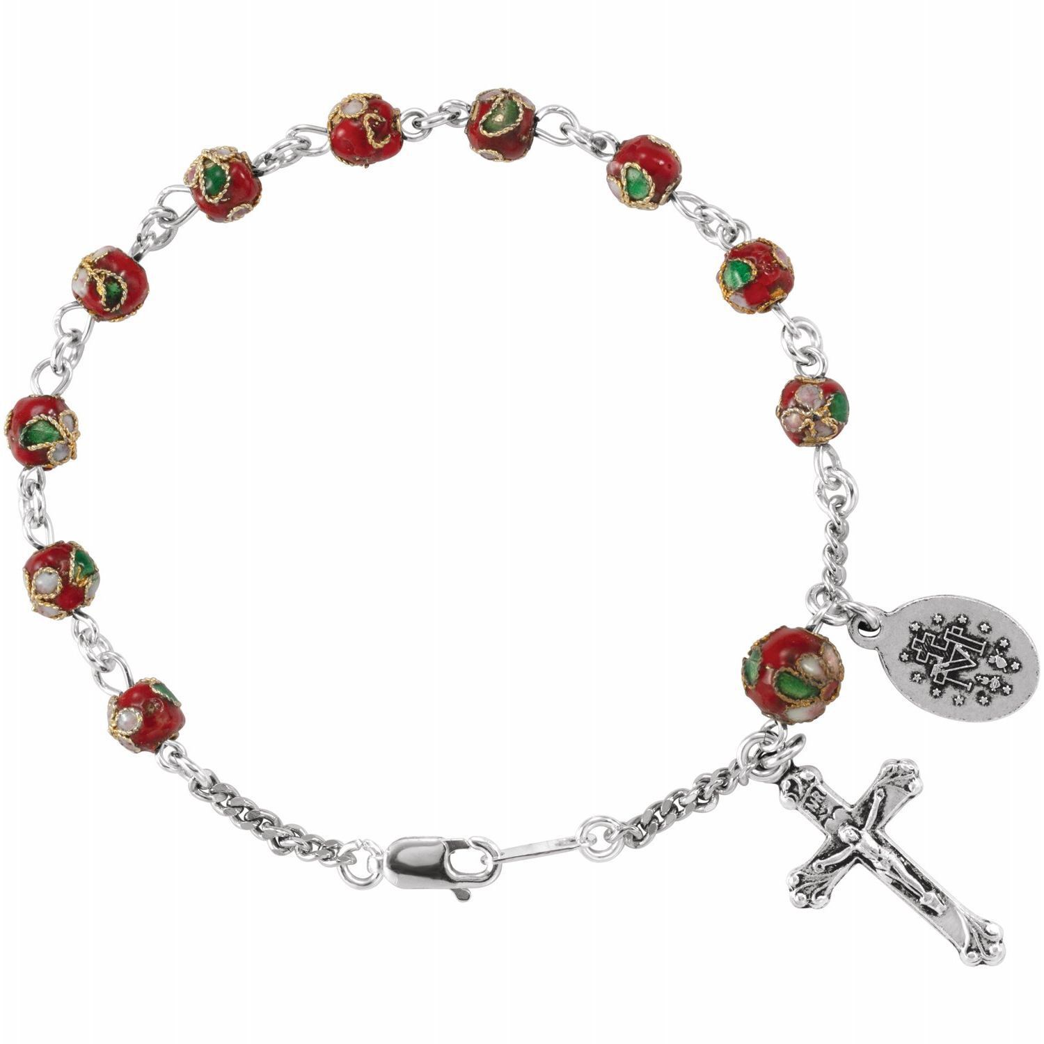 Sterling Silver Red Cloisonné Rosary 7 1/2" Bracelet