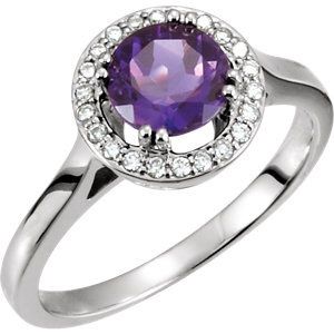 Platinum .74 ct 6mm Round Amethyst Halo-Style Ring with diamond accents