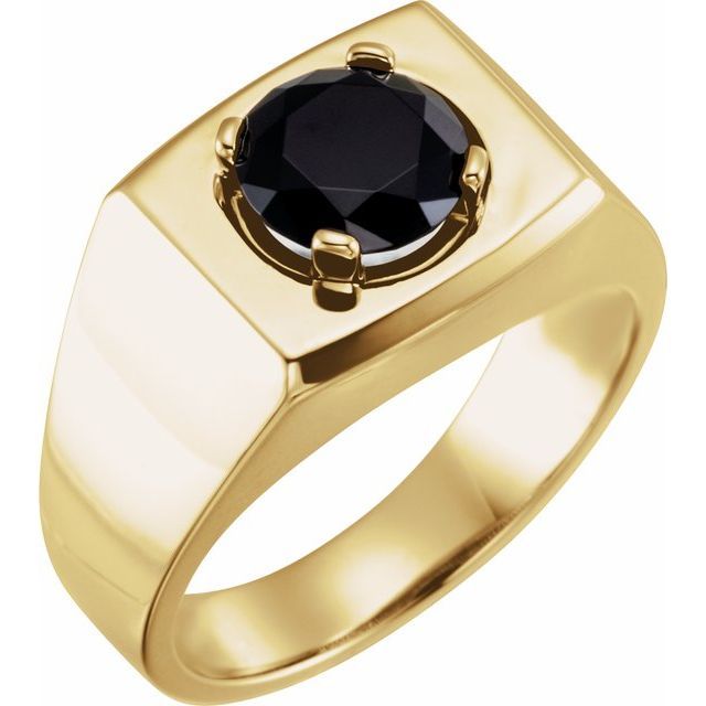 Mens 14K Yellow 5.8 mm Round Solitaire Black Diamond Ring