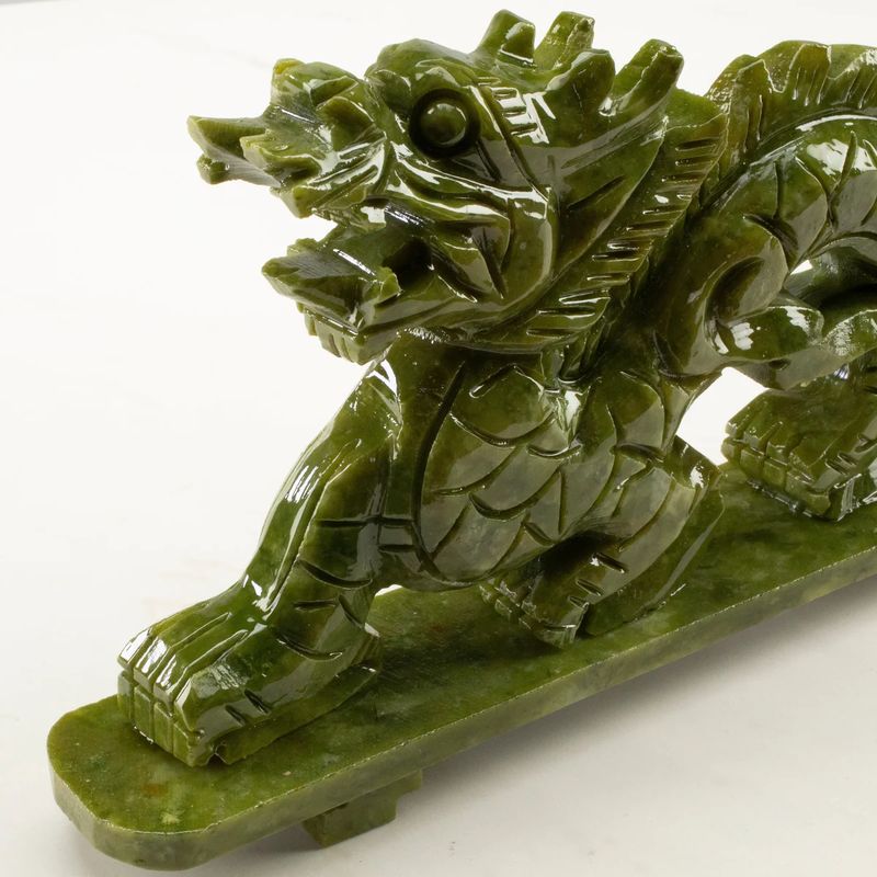 Hand Carved Dragon Nephrite Jade Crystal Figurine 11" L x 1.75" W x 5.5" H