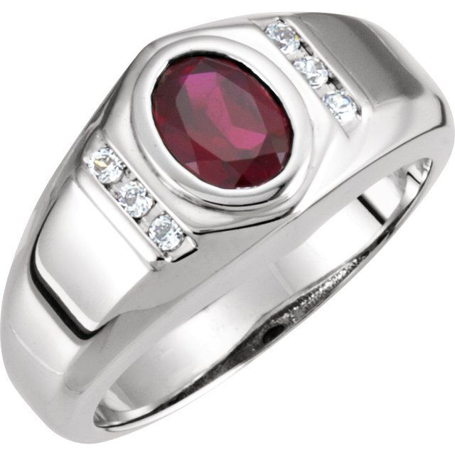 Mens 14K White 8x6 mm Oval Garnet and diamond Bezel-Set Ring