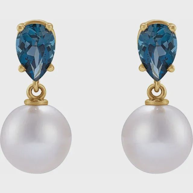 4K White Cultured White Akoya Pearl &amp; Natural London Blue Topaz Earrings