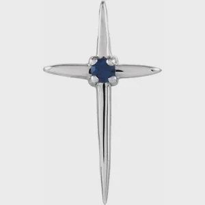 14K White Natural Blue Sapphire Cross Pendant