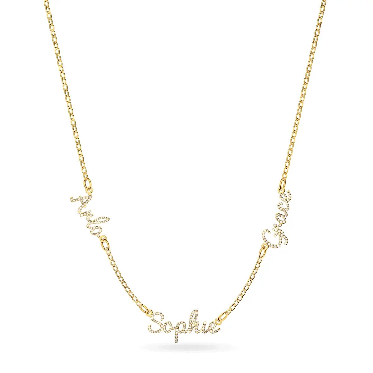 14K Yellow Cursive multi Name 18" Diamond Necklace
