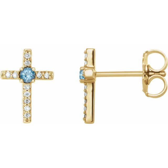 14K Yellow Gold Natural Aquamarine &amp; .05 CTW Natural Diamond Cross Earrings