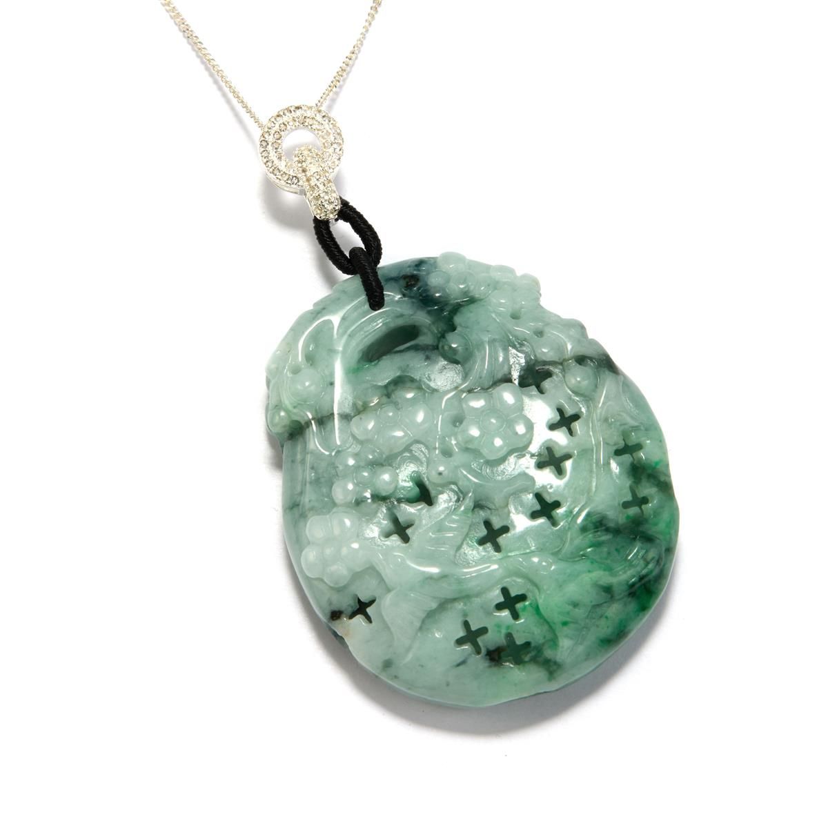 Type A Floating Flower Burmese Carved Jadeite Pendant with White Topaz in Sterling Silver 190.30cts