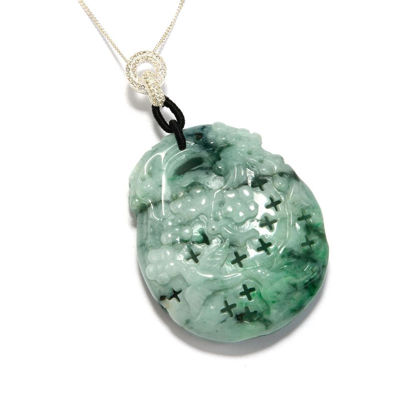 Type A Floating Flower Burmese Carved Jadeite Pendant with White Topaz in Sterling Silver 190.30cts