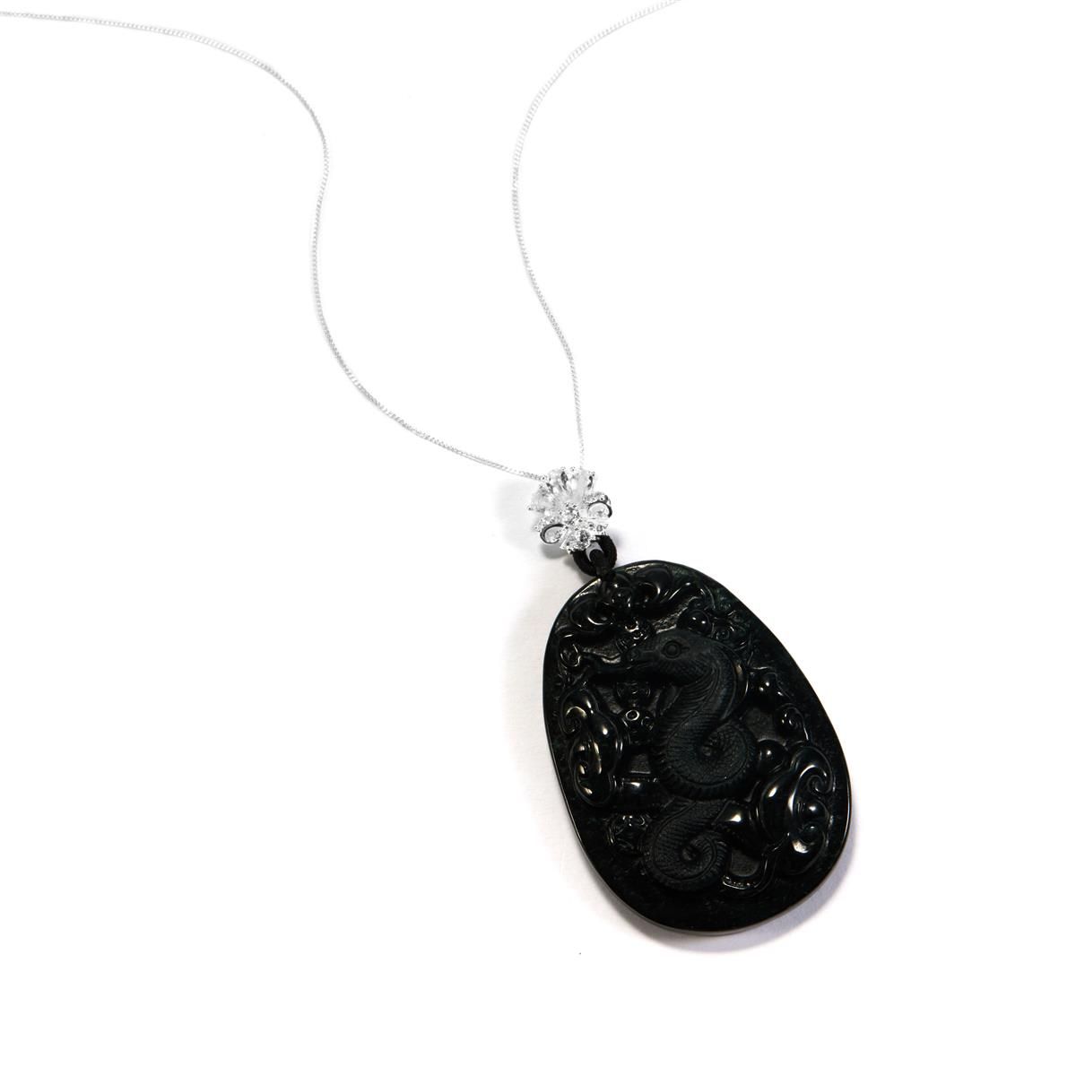 Type A Black Jadeite Carved Pendant with White Topaz in Sterling Silver 85.20cts