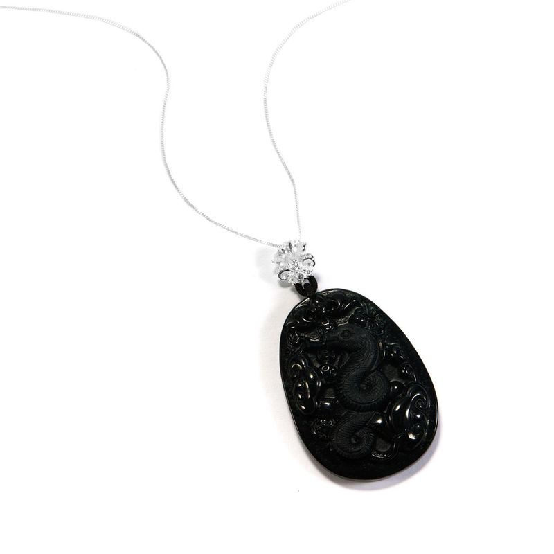 Type A Black Jadeite Carved Pendant with White Topaz in Sterling Silver 85.20cts