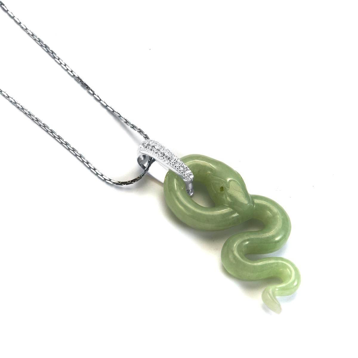 Type A Burmese Jadeite, Diopside Snake Pendant with White Topaz in Sterling Silver 56.20cts