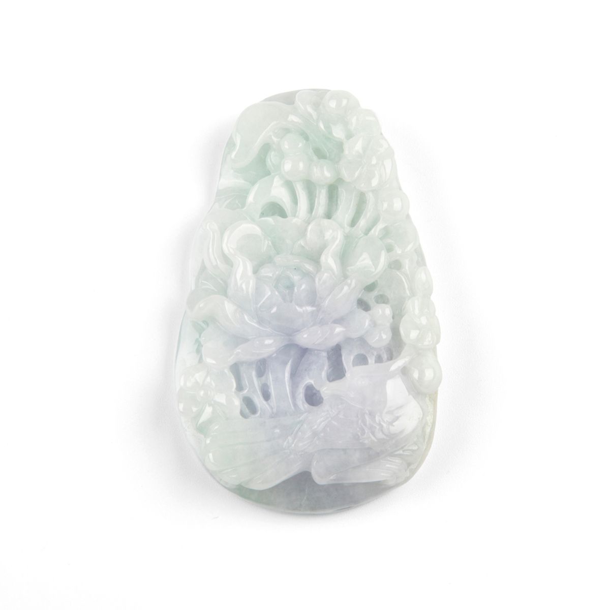 Type A Aqua-Lavender Jadeite Carved Flower &amp; Bird Pendant
