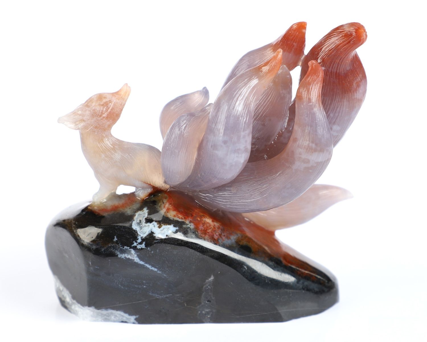 3.9" Black Zebra Agate Nine-Tailed Fox Sculpture