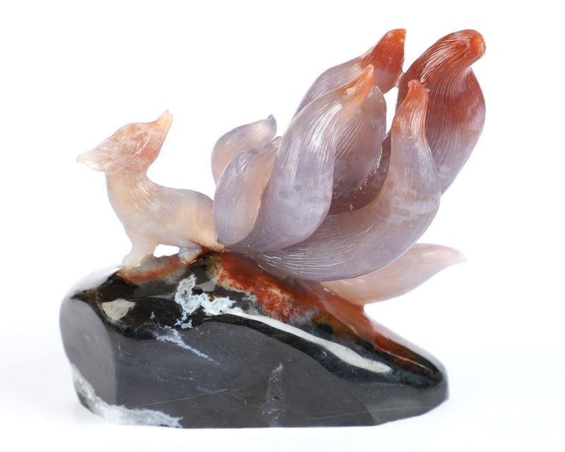 3.9" Black Zebra Agate Nine-Tailed Fox Sculpture