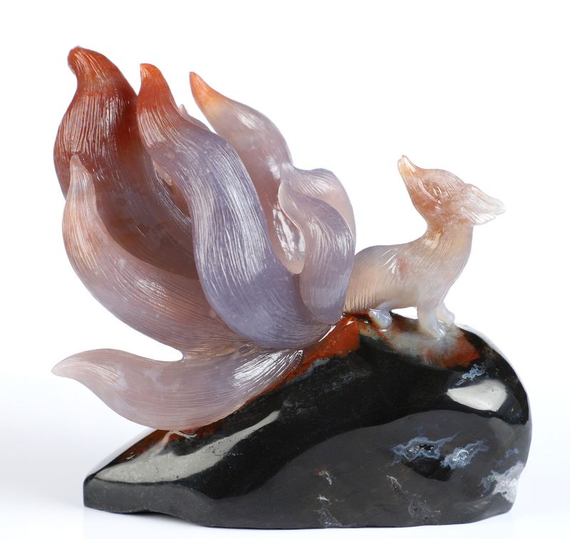 3.9" Black Zebra Agate Nine-Tailed Fox Sculpture