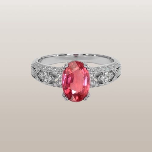 Antique Style Padparadscha Sapphire Ring 2.50 Ct., 14K White Gold