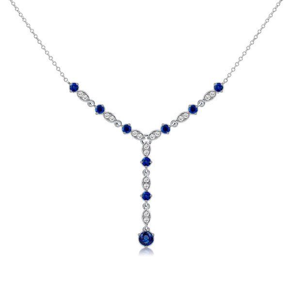 Milgrain Blue Sapphire Y Necklace In Sterling Silver