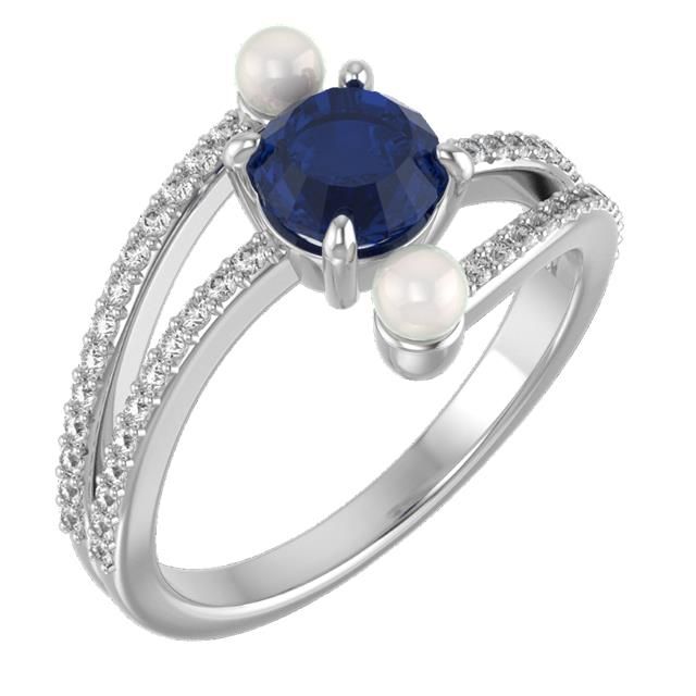 14K White Gold Sapphire, Pearl, and Diamond Bypass Ring