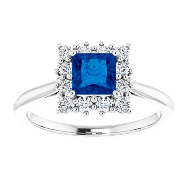 14K White Natural Blue Sapphire &amp; 0.30CTW Natural Diamond Ring