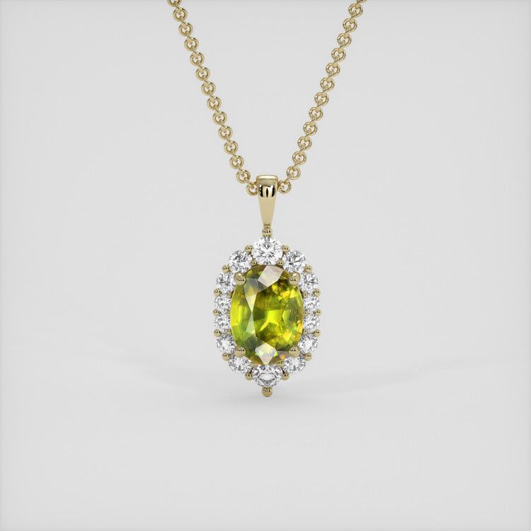 Halo Yellowish Green Sphene Pendant 2.62 Ct., 14K Yellow Gold