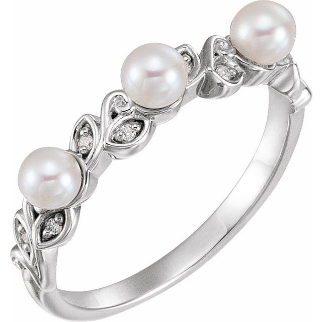 14K White Gold Cultured White Seed Pearl &amp; .03 CTW Natural Diamond Stackable Ring