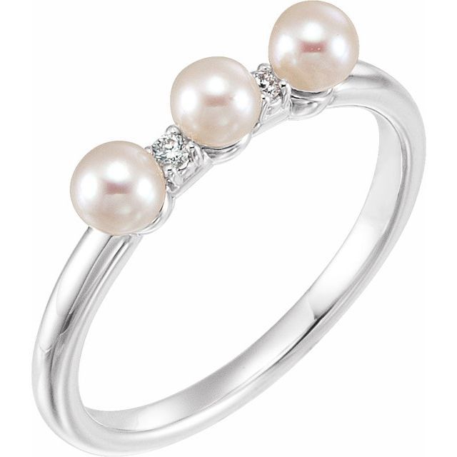 14K White Gold Cultured White Freshwater Pearl &amp; .03 CTW Natural Diamond Stackable Ring