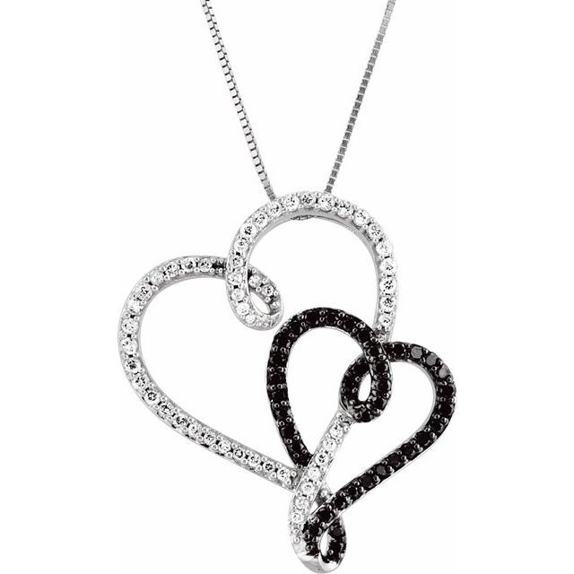 14K White Gold &amp; Black Rhodium-Plated 1/2 CTW Black &amp; White Natural Diamond Double Heart 18" Necklace