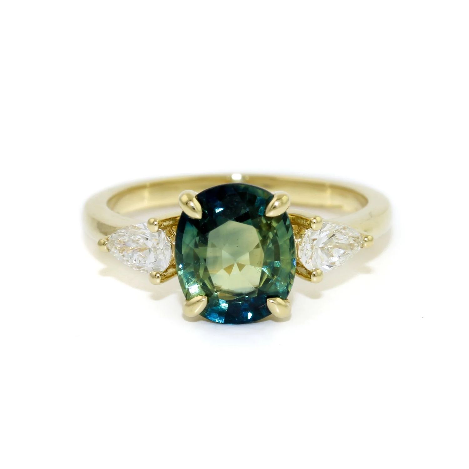 Three Stone Bluish Green Sapphire Ring 3.03 Ct., 14K Yellow Gold