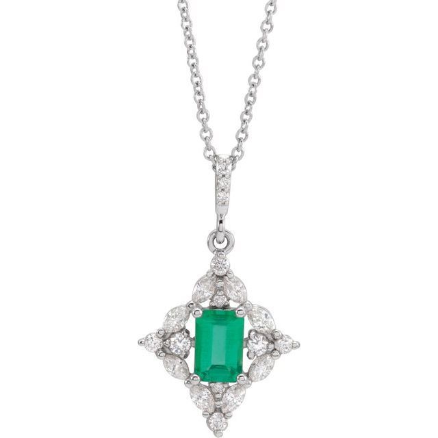 14K White Gold Natural Emerald &amp; 1/3 CTW Natural Diamond 16-18" Necklace