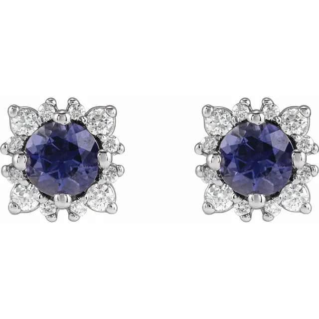 14K White Gold 4 mm Natural Iolite &amp; 1/6 CTW Natural Diamond Hal Earrings