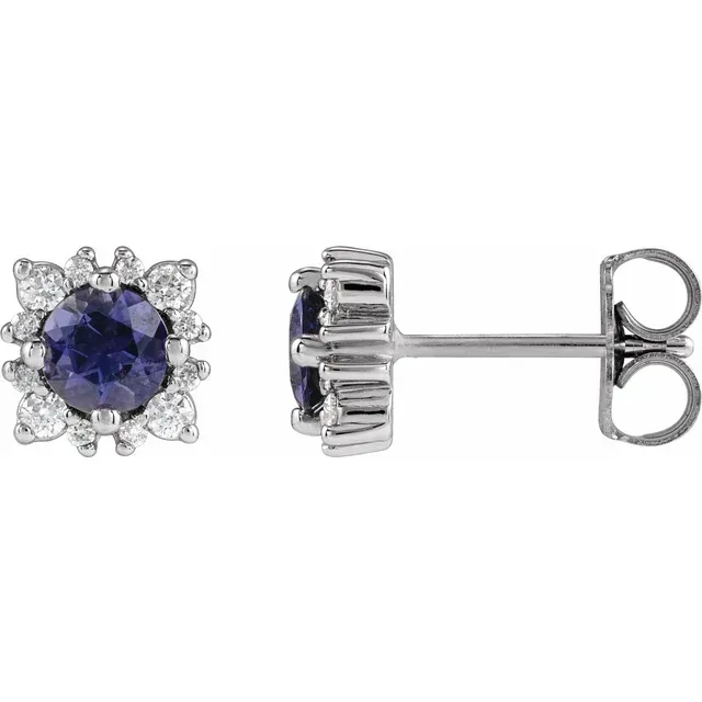 14K White Gold 4 mm Natural Iolite &amp; 1/6 CTW Natural Diamond Hal Earrings