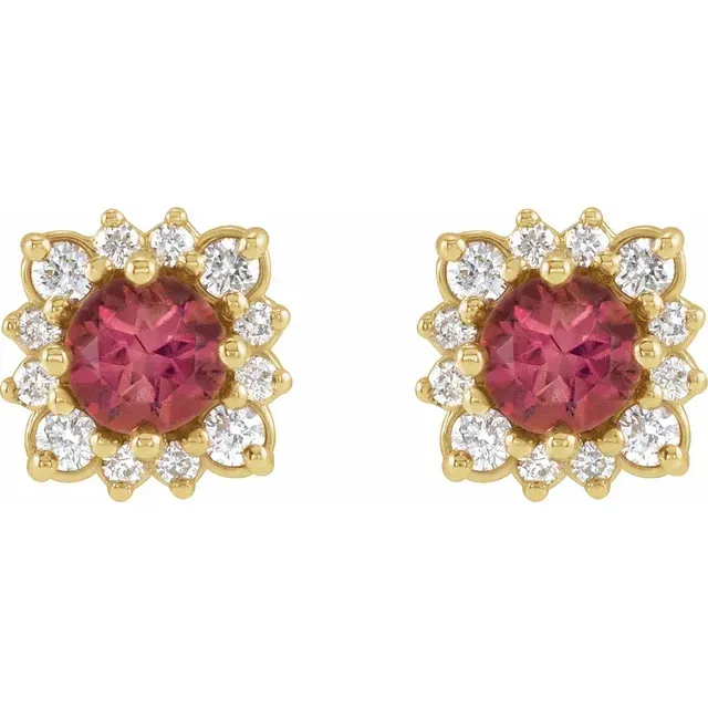 14KYellow Gold 4 mm Natural Pink Tourmaline &amp; 1/6 CTW Natural Diamond Hal Earrings