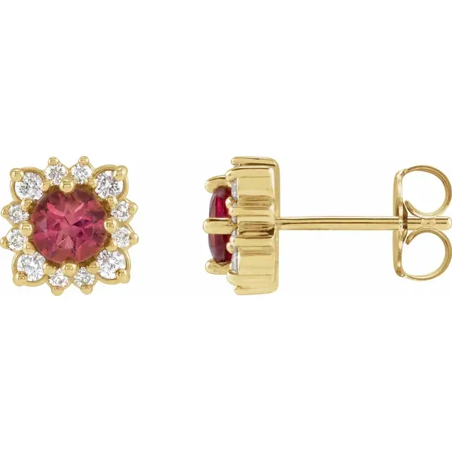 14KYellow Gold 4 mm Natural Pink Tourmaline &amp; 1/6 CTW Natural Diamond Hal Earrings