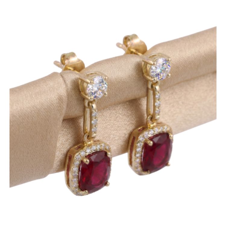 14K Yellow Gold Natural Ruby &amp;  Natural Diamond Earrings