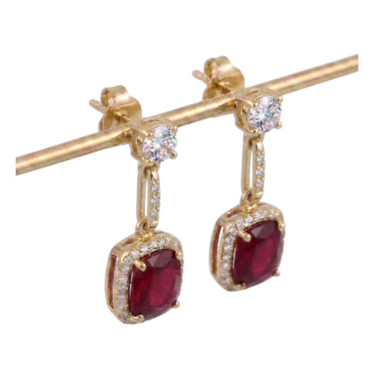 14K Yellow Gold Natural Ruby &amp;  Natural Diamond Earrings
