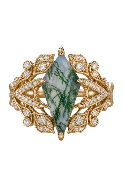 14K Yellow Nature inspired Natural Moss Agate and Natural Diamond Ring